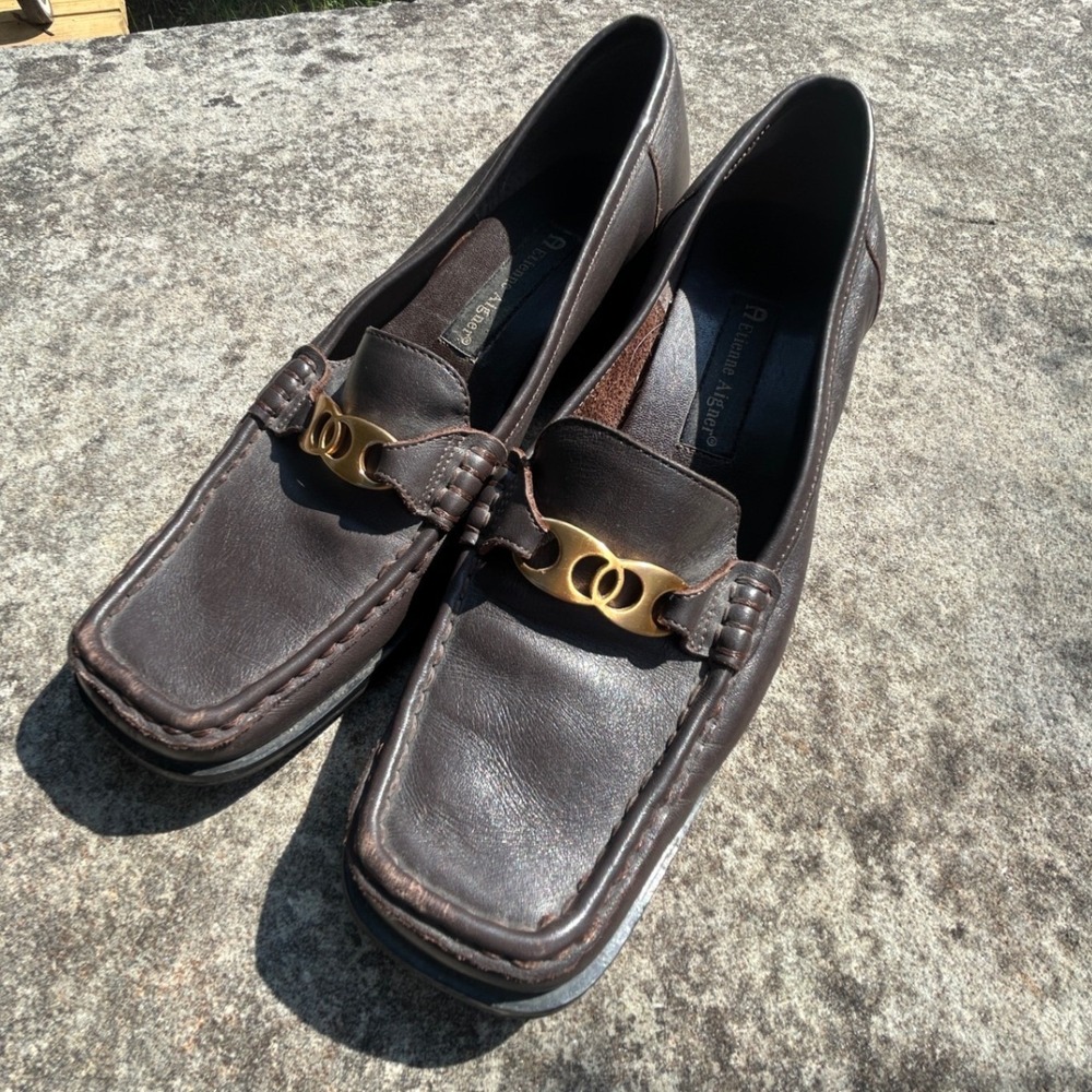 Vintage Etienne Aigner Brown Leather Loafers Made in Brazil Brass Bit 90s Preppy